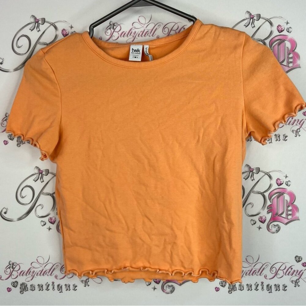 Twik tshirt tee ruffle edge hem frilly crop style bright Orange Crop Top